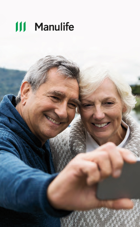 Manulife logo on top of a photo of an older man and woman taking a selfie  Manulife logo on top of a photo of an older man and woman taking a selfie